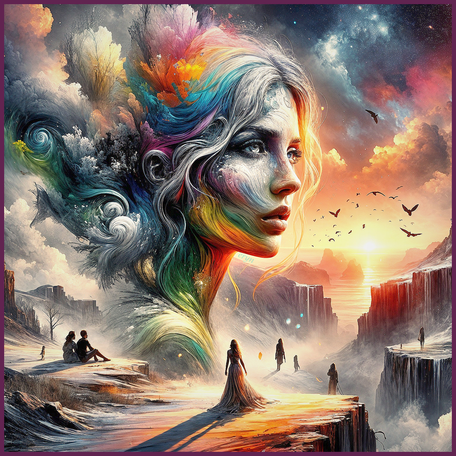 Surreal Landscape with Ethereal Face and Sunset