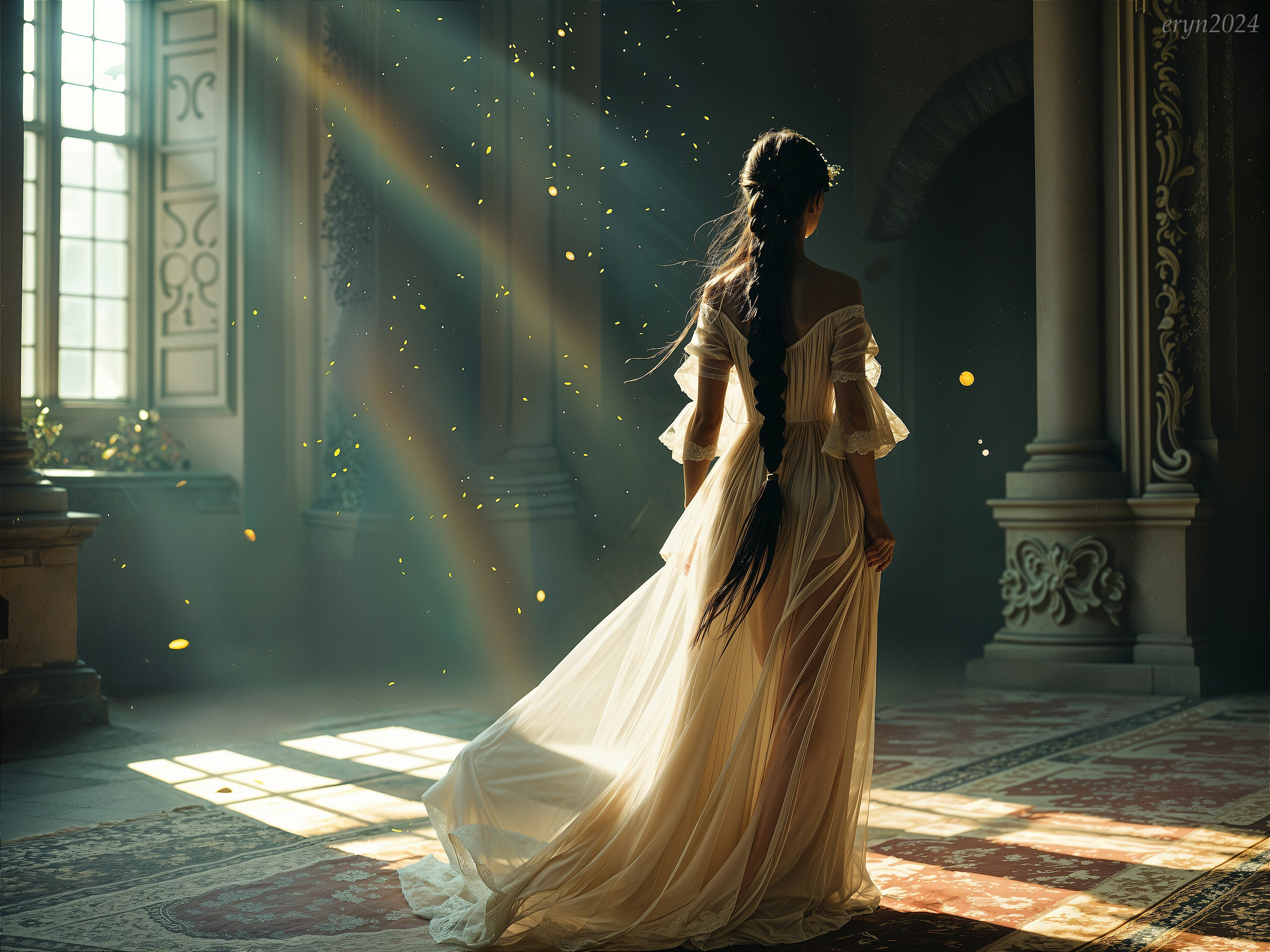 Elegant Woman in Opulent Dimly Lit Room