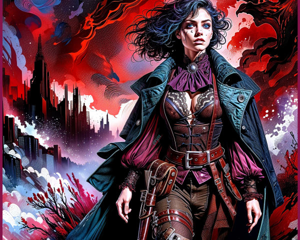 Victorian Steampunk Figure Against Dramatic Skyline