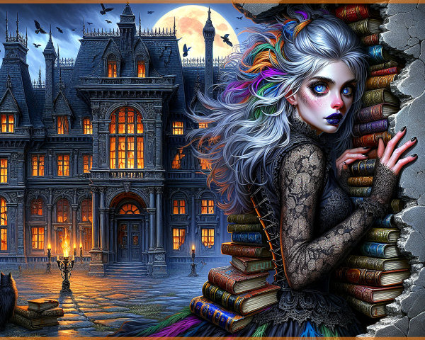 Mysterious Woman by Stone Wall with Mansion Background