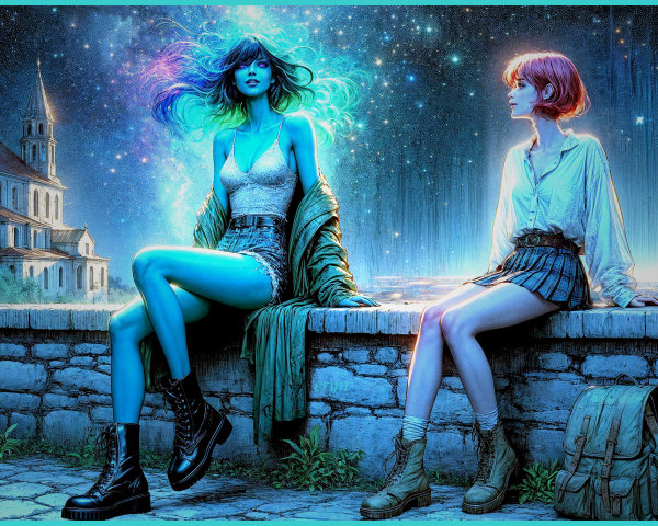 Young Women on Stone Wall Under Starry Sky