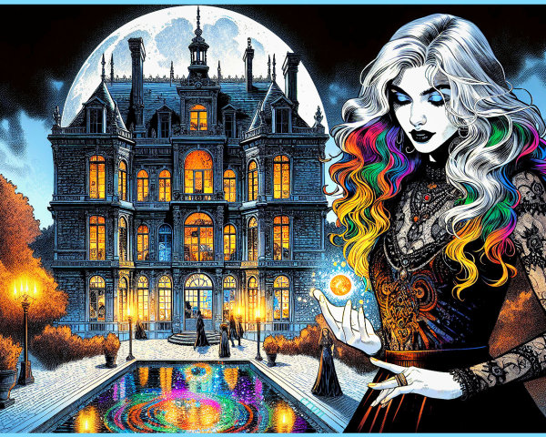 Mystical Woman by Gothic Mansion Under Full Moon