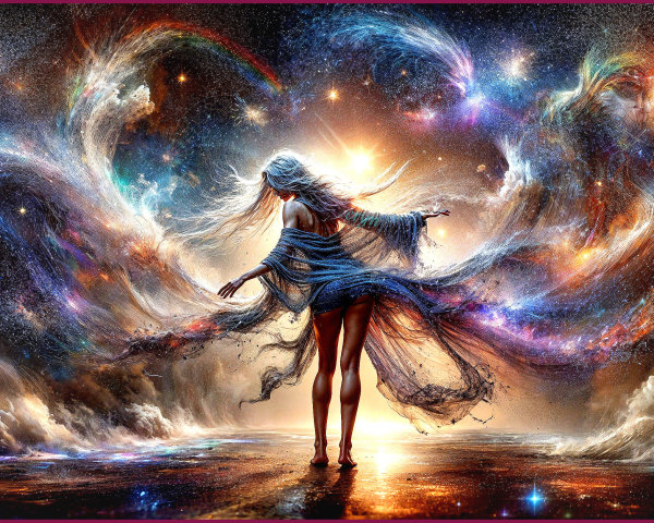 Mystical Figure in Cosmic Backdrop with Galaxies