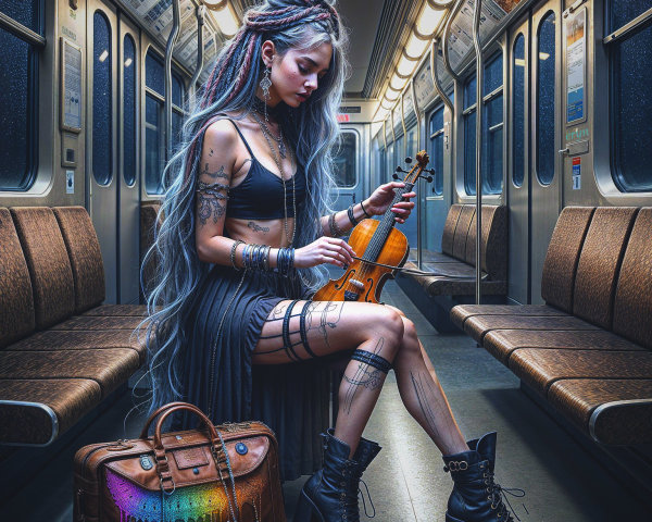 Young woman playing violin in dim subway car