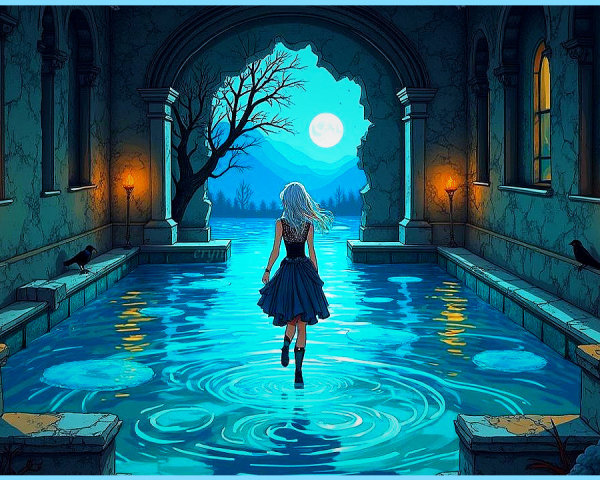 Moonlit Scene of a Woman in Tranquil Waters