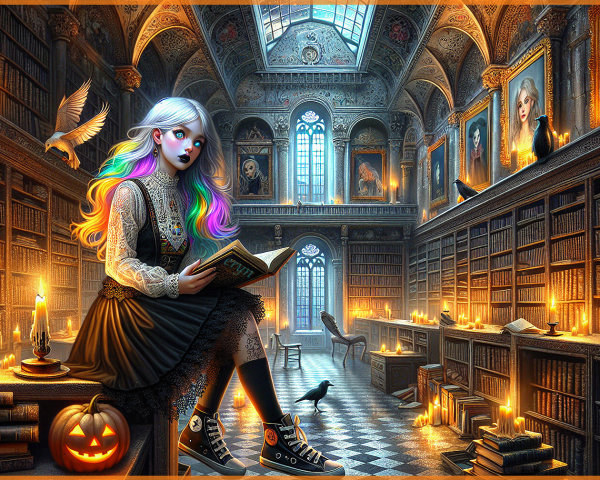 Young Woman Reading in Enchanted Library Setting