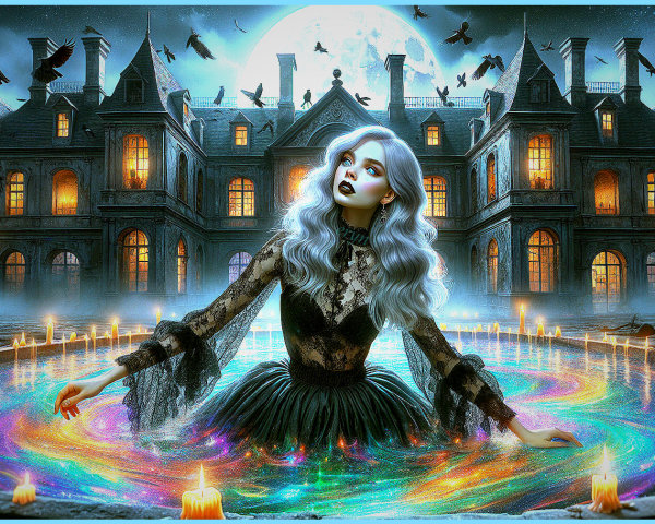 Mysterious Woman in Silver Hair Amidst Colorful Pool