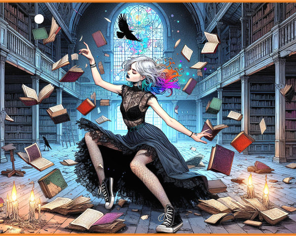 Whimsical Dance in a Dimly-Lit Library Setting