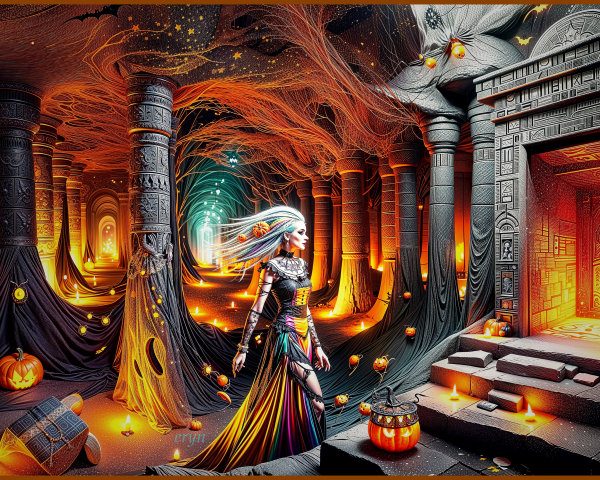Mystical Cavern with Shadows and Glowing Pumpkins