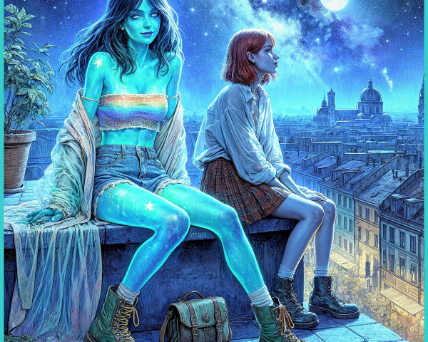 Dreamy Urban Rooftop Scene with Celestial Elements