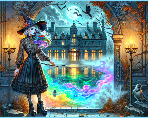 Mystical Witch by Ivy-Covered Archway at Night