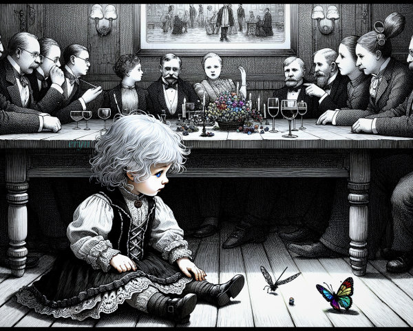 Child Playing with Insects Amidst Adults in a Room