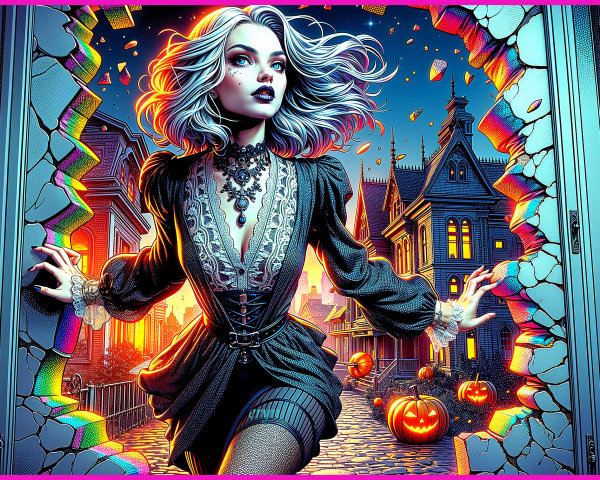 Mysterious Figure in Elegant Dark Outfit at Halloween Scene