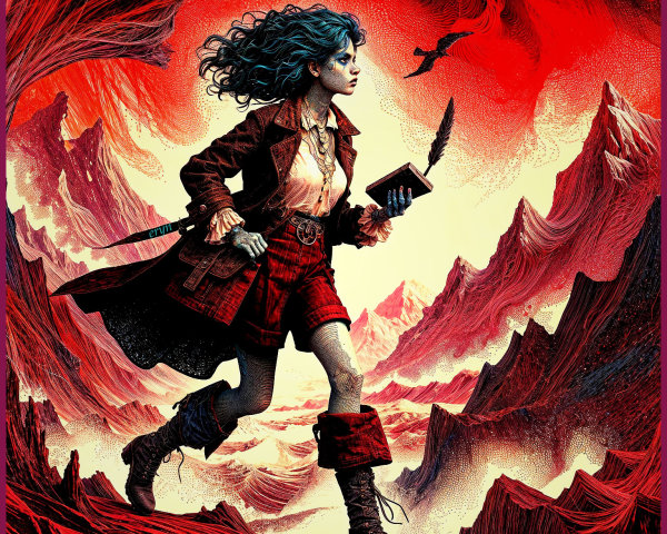 Young Girl with Blue Hair in Surreal Red Landscape