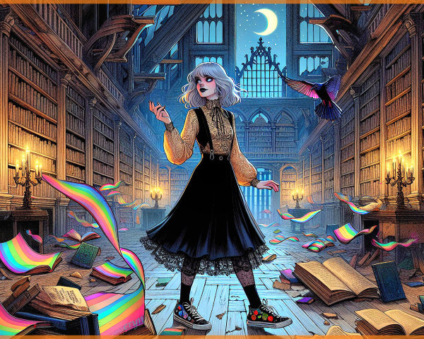 Magical Library with Silver-Haired Girl and Swirling Pages