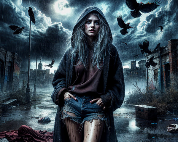 Young Woman in Tattered Shorts in Urban Decay Scene