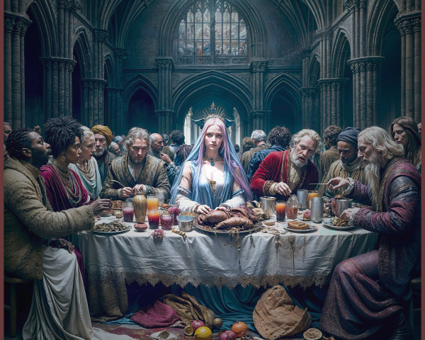 Medieval Banquet in a Grand Hall with Diverse Figures