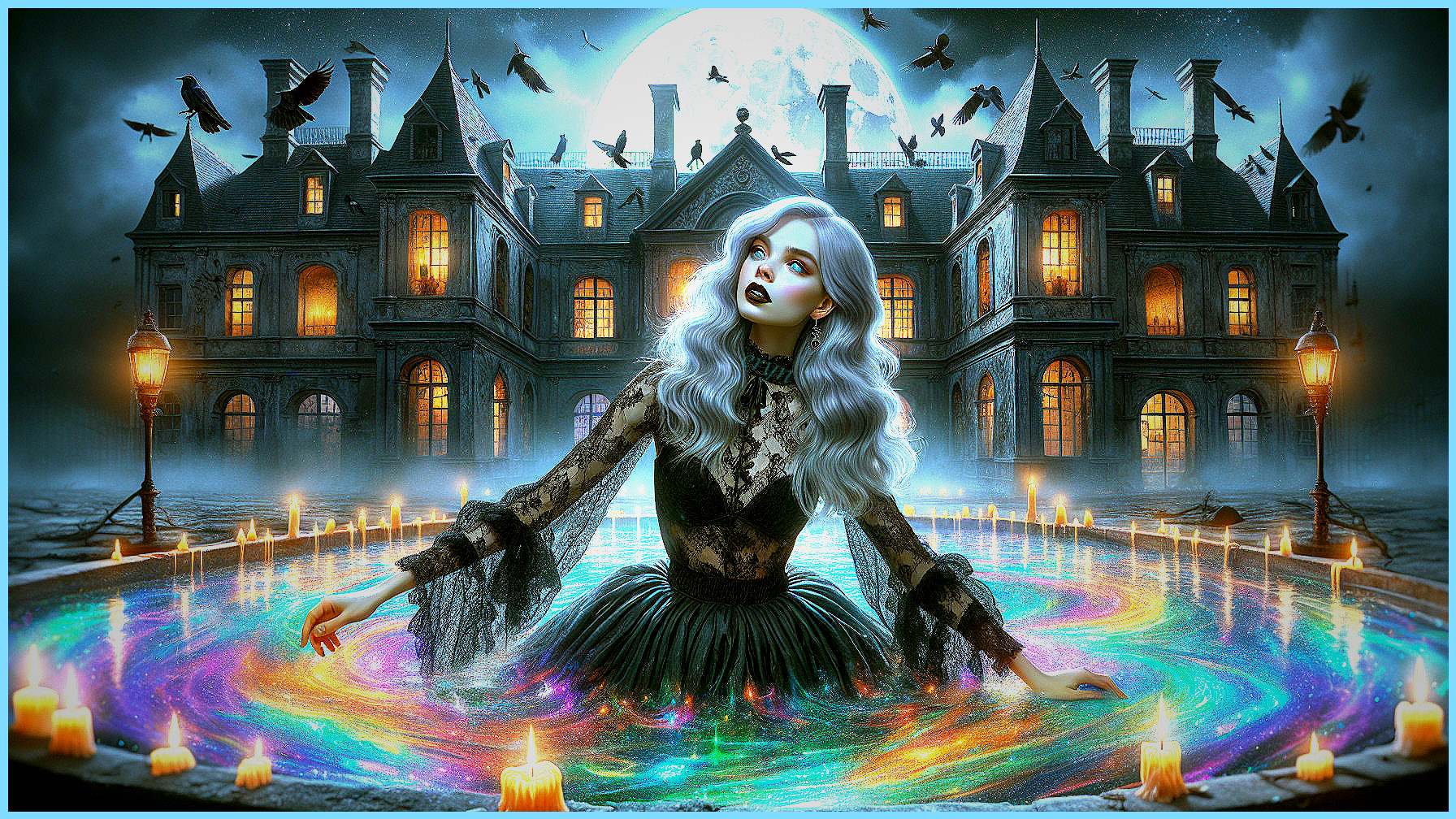 Mysterious Woman in Silver Hair Amidst Colorful Pool