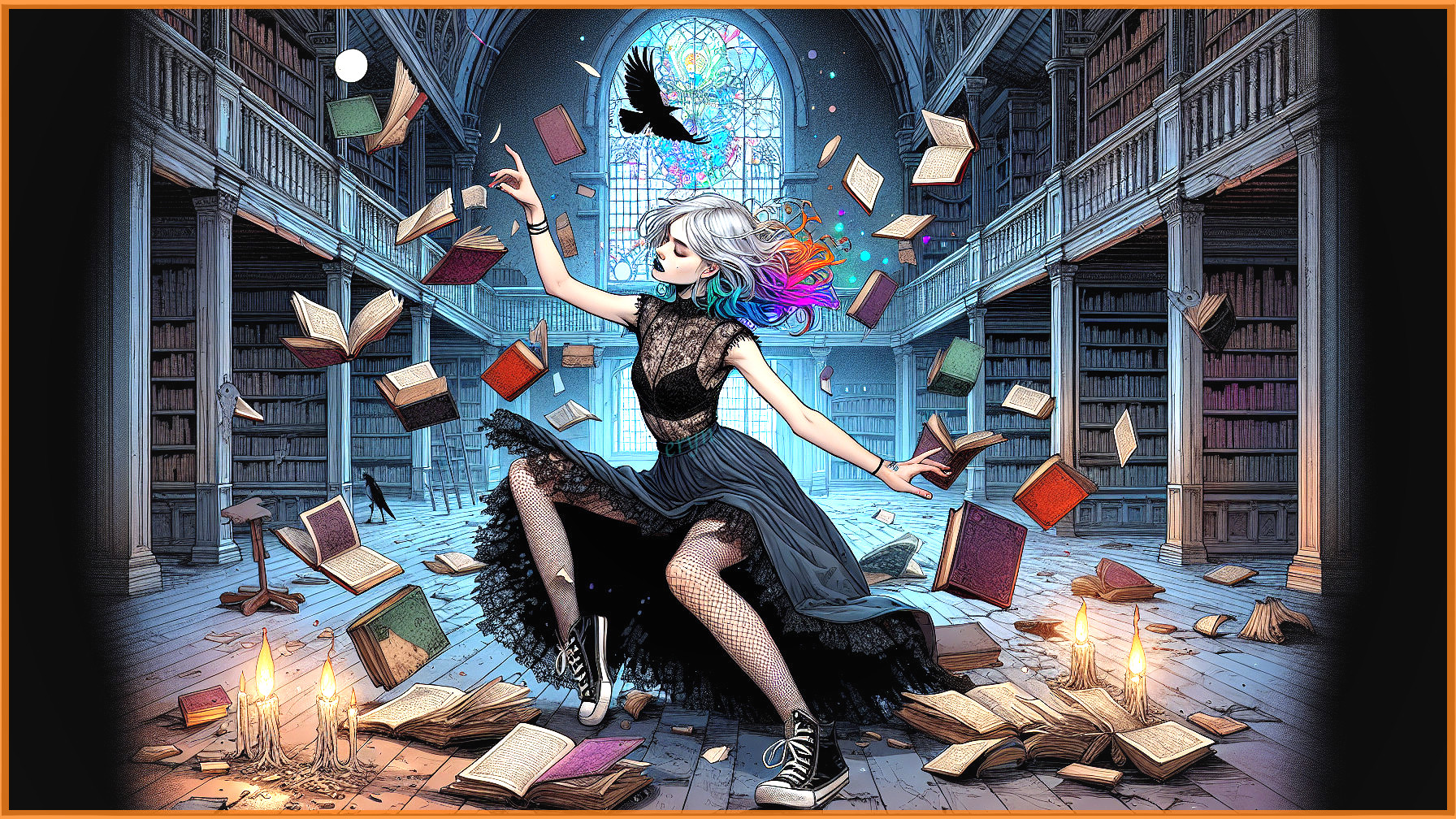 Whimsical Dance in a Dimly-Lit Library Setting
