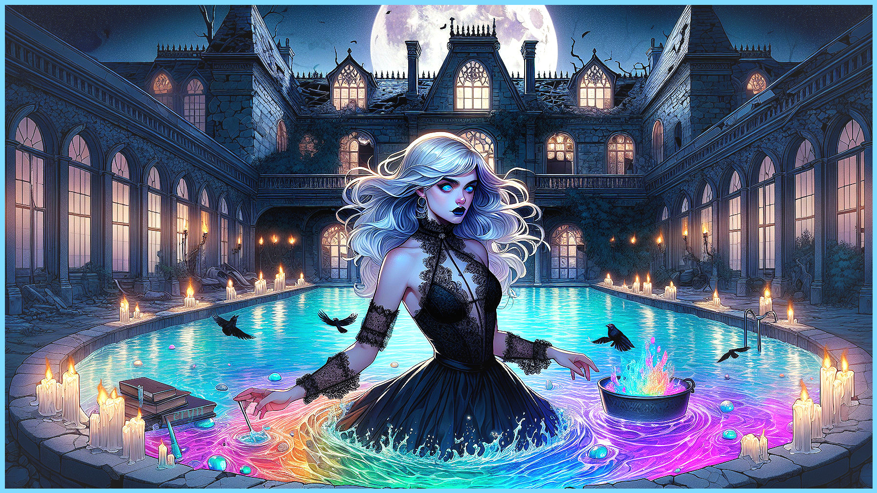Mysterious Woman in Magical Pool at Eerie Mansion