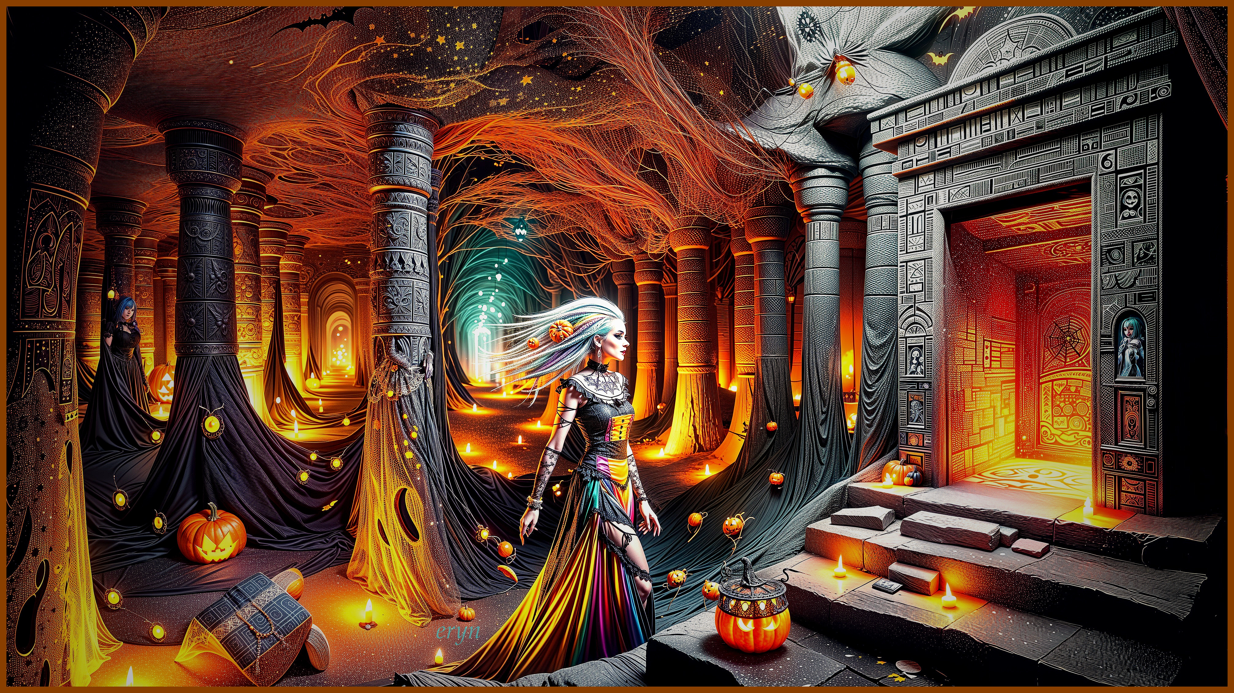 Mystical Cavern with Shadows and Glowing Pumpkins