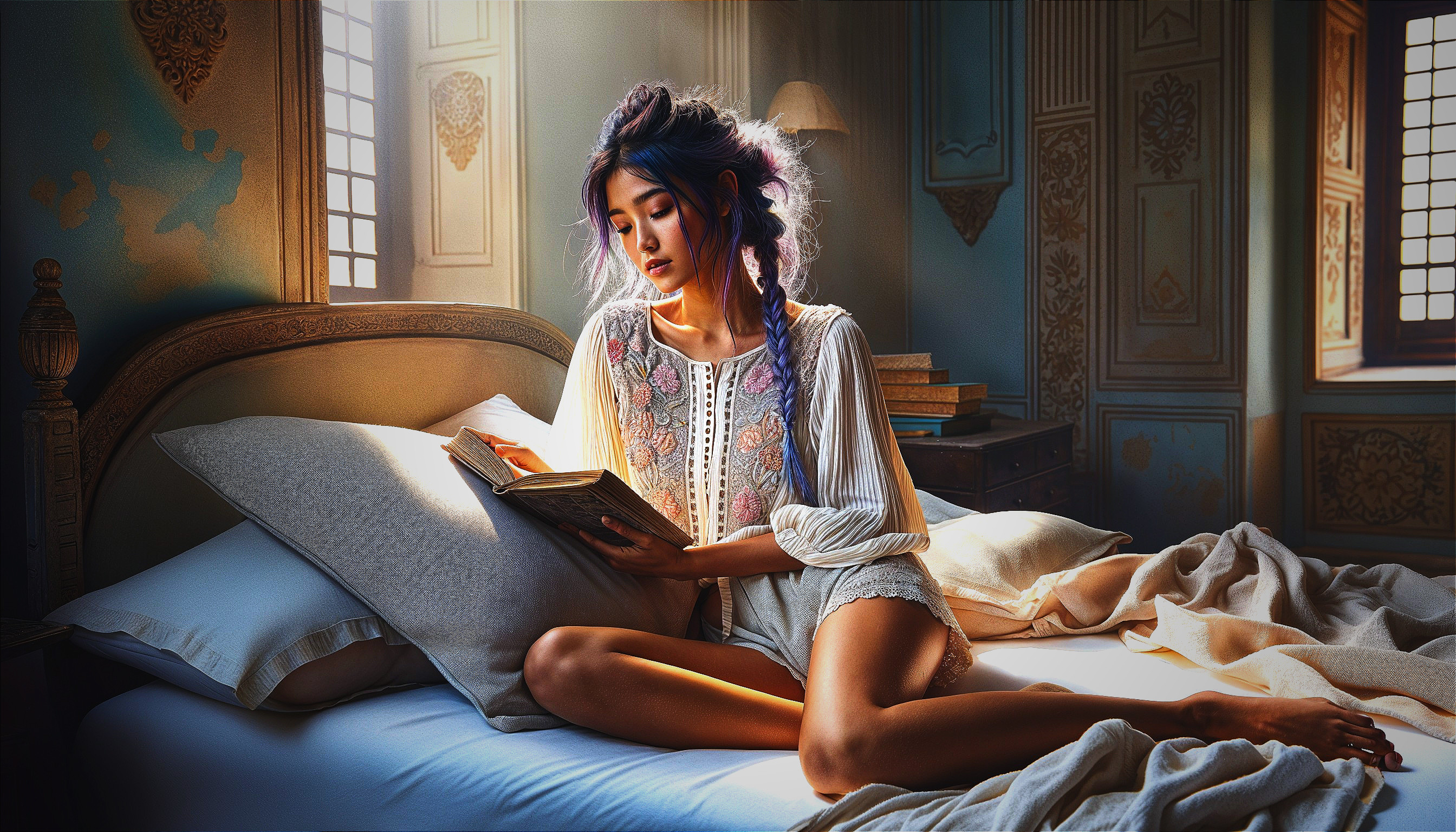 Young woman reading on a bed in a serene room