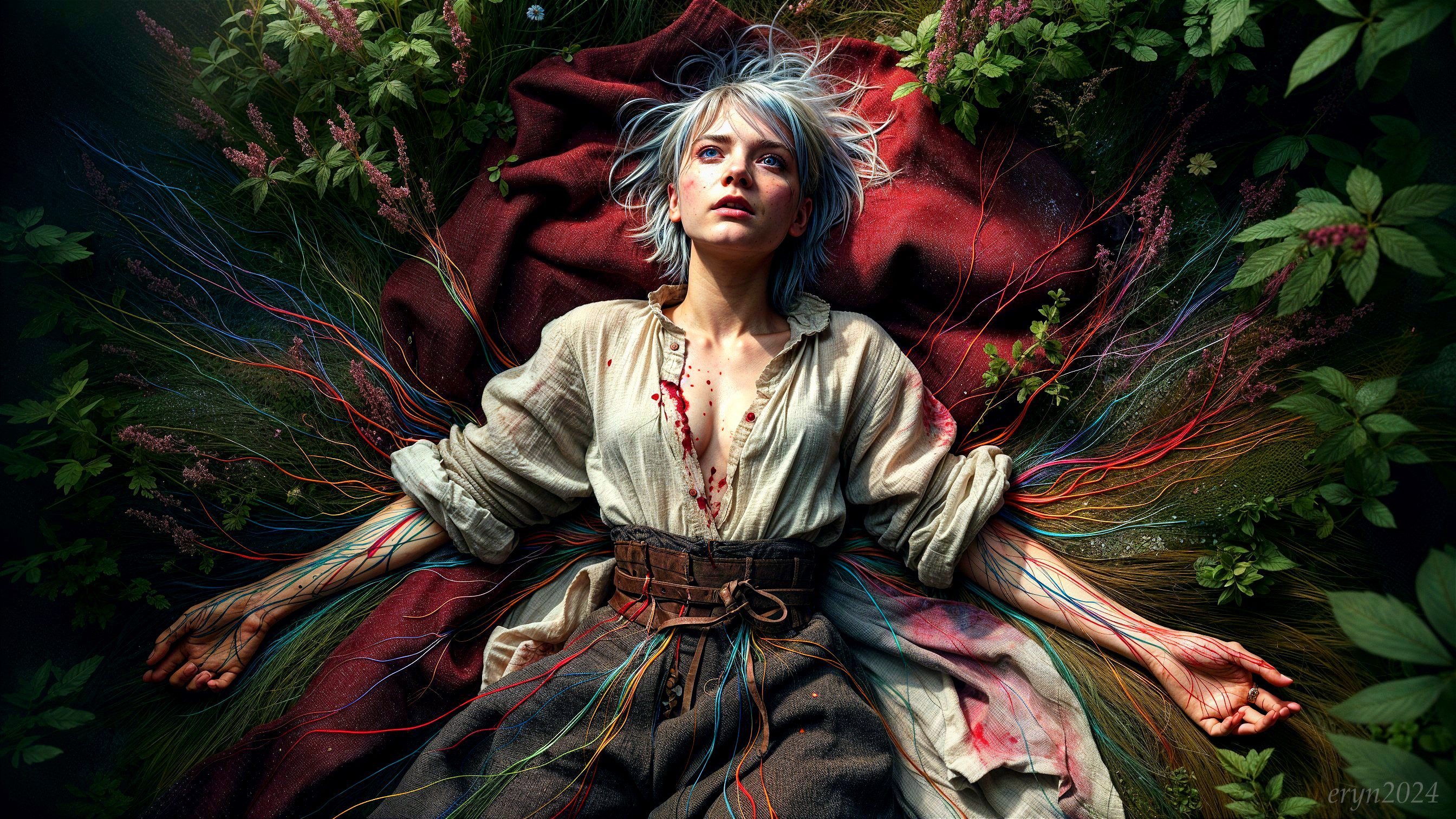 Surreal Scene of Woman in Nature with Colorful Wires