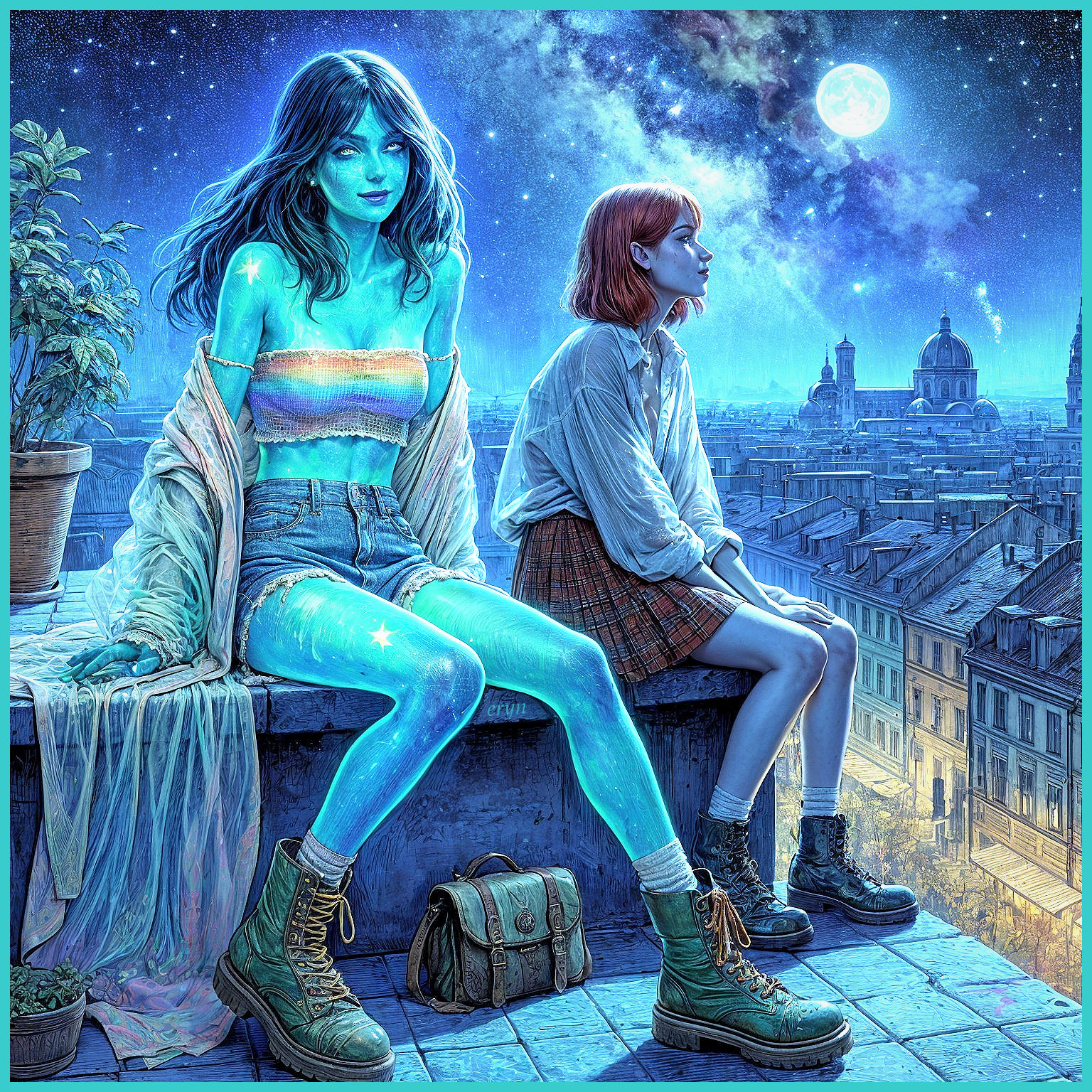 Dreamy Urban Rooftop Scene with Celestial Elements