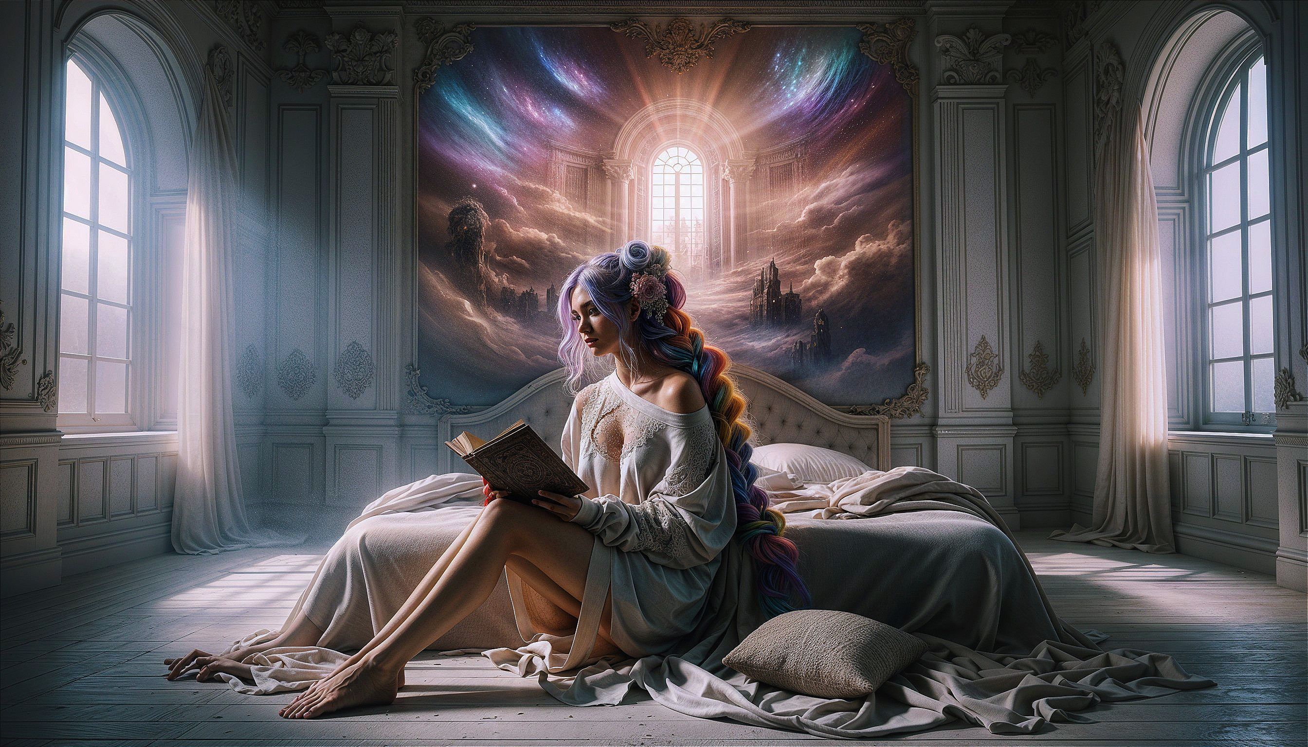 Young Woman Reading in a Dreamlike Room with Mural