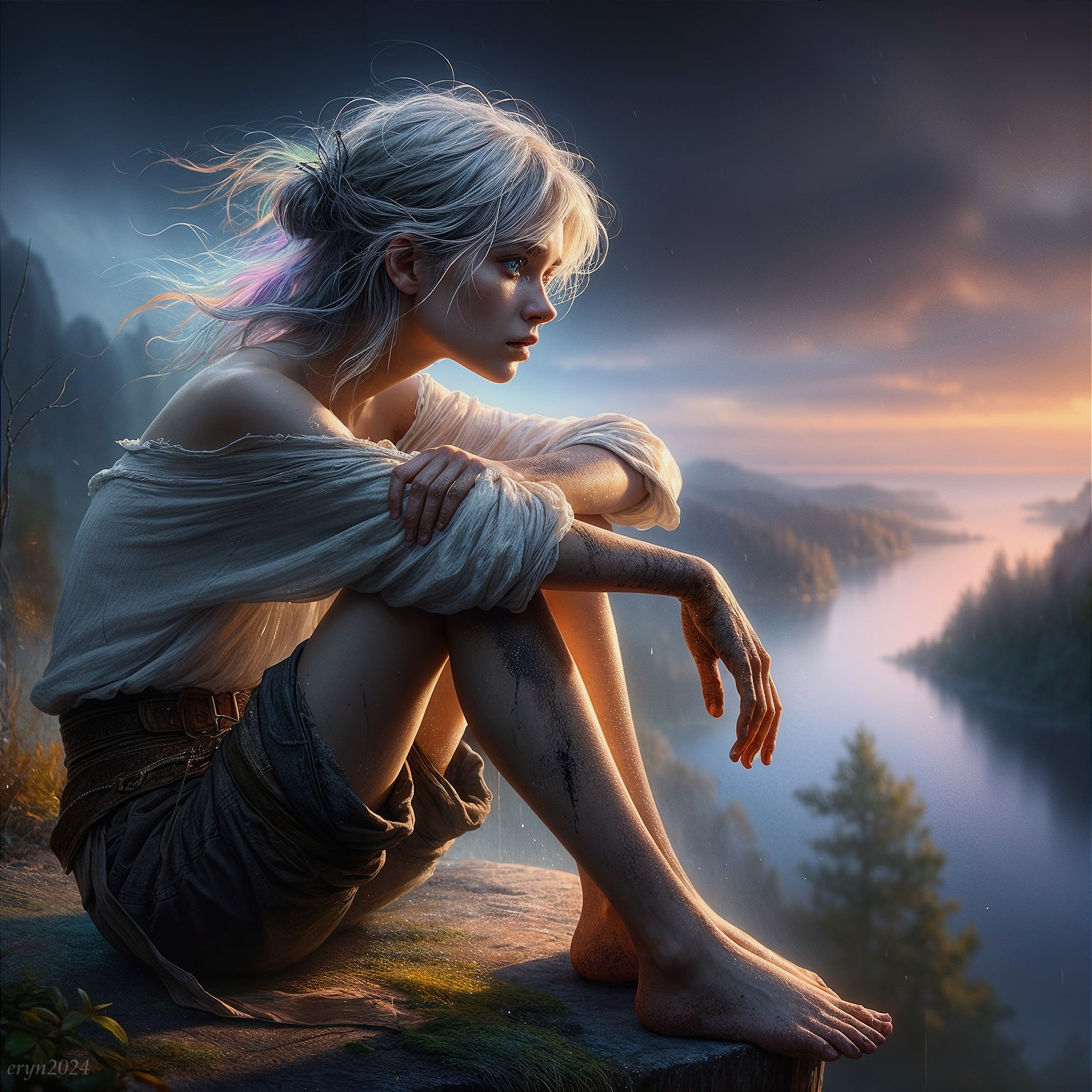 Young Woman on Rocky Ledge by Tranquil River at Dusk