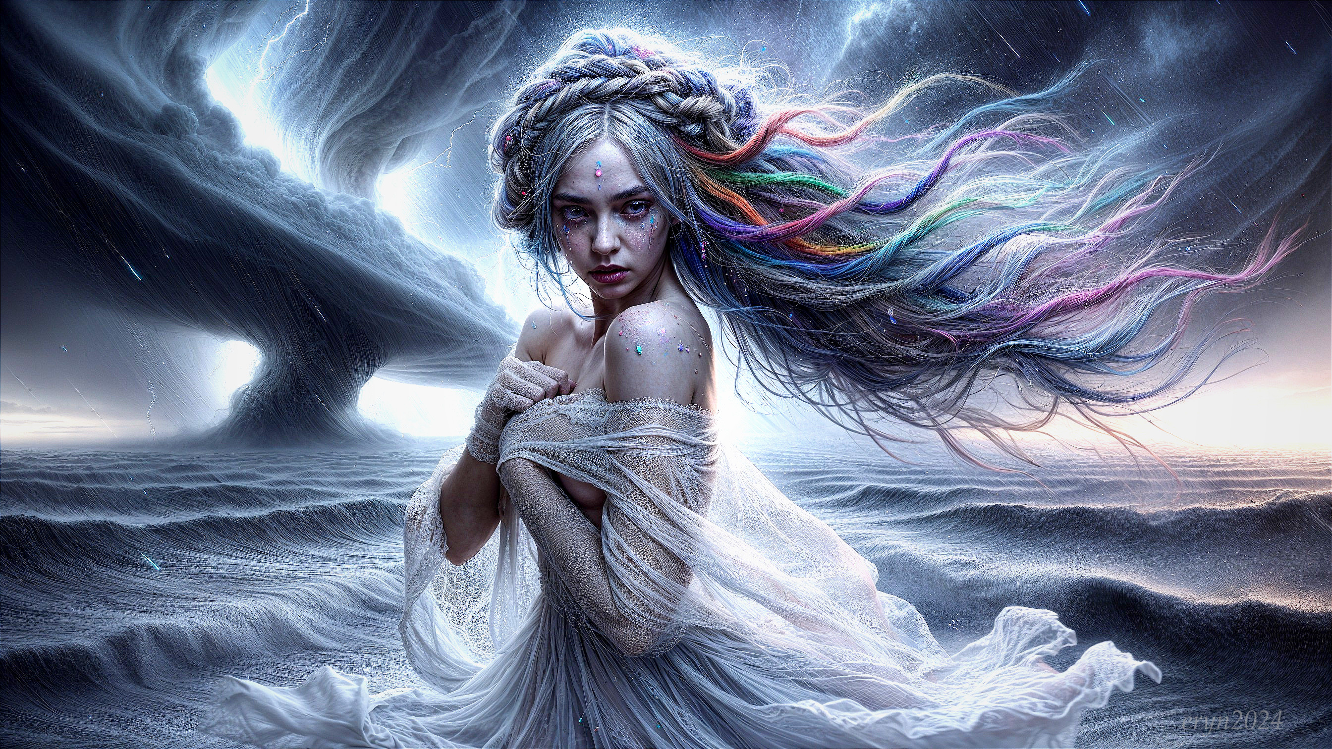 Mystical figure in stormy backdrop with vibrant colors