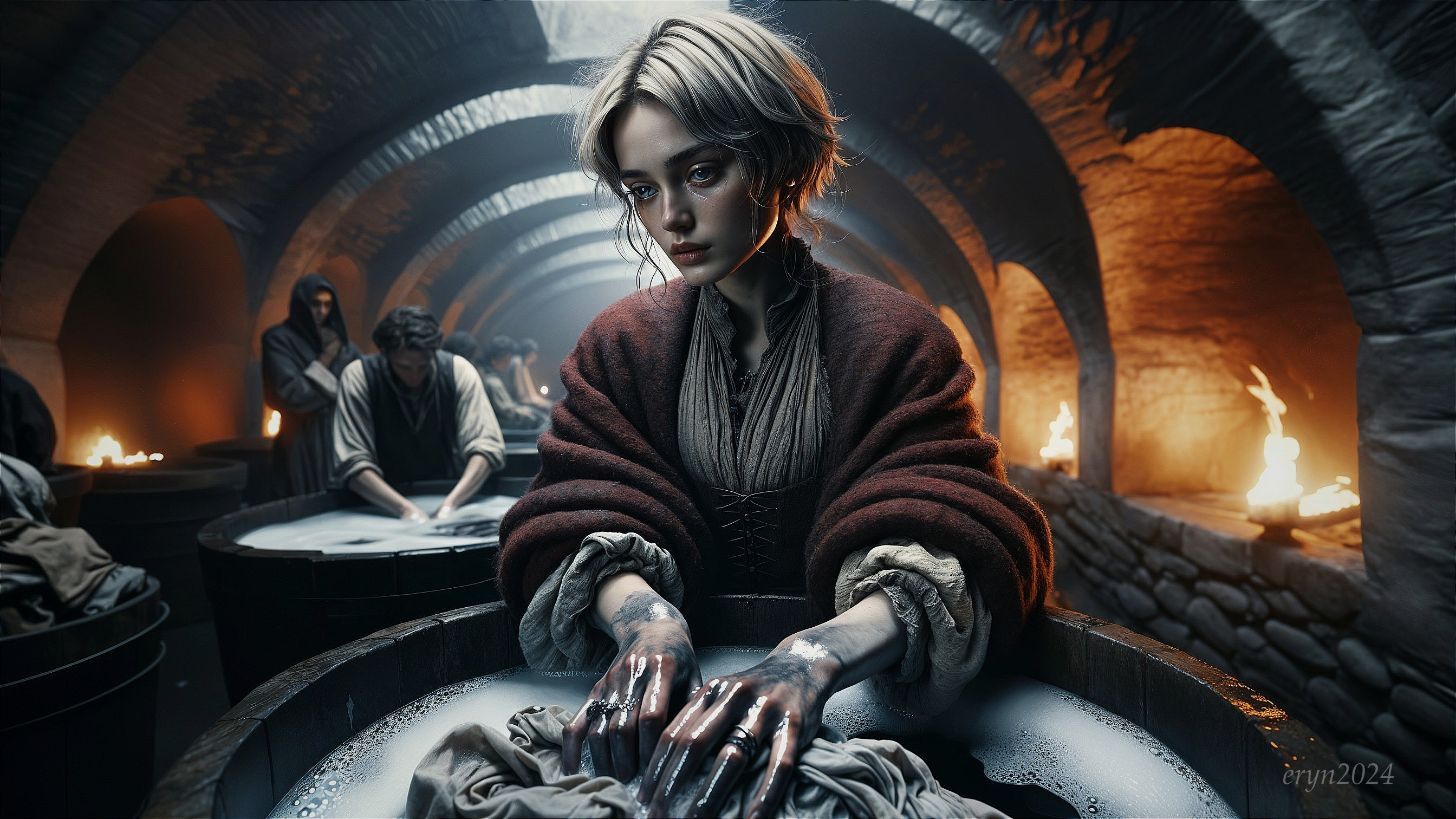 Medieval Woman Washing Fabric in Dimly Lit Setting