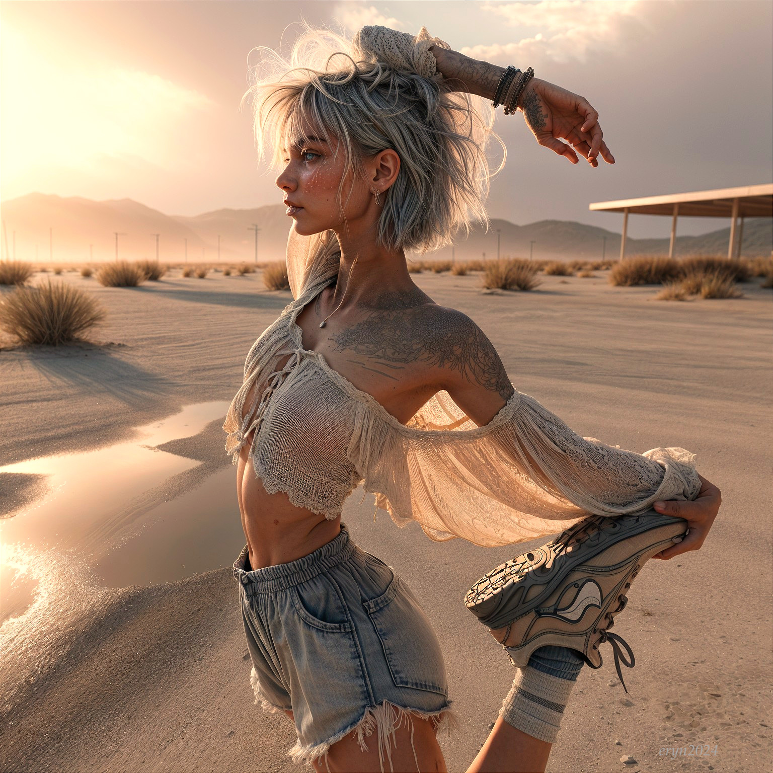 Young Woman Posing in Sunlit Desert Landscape