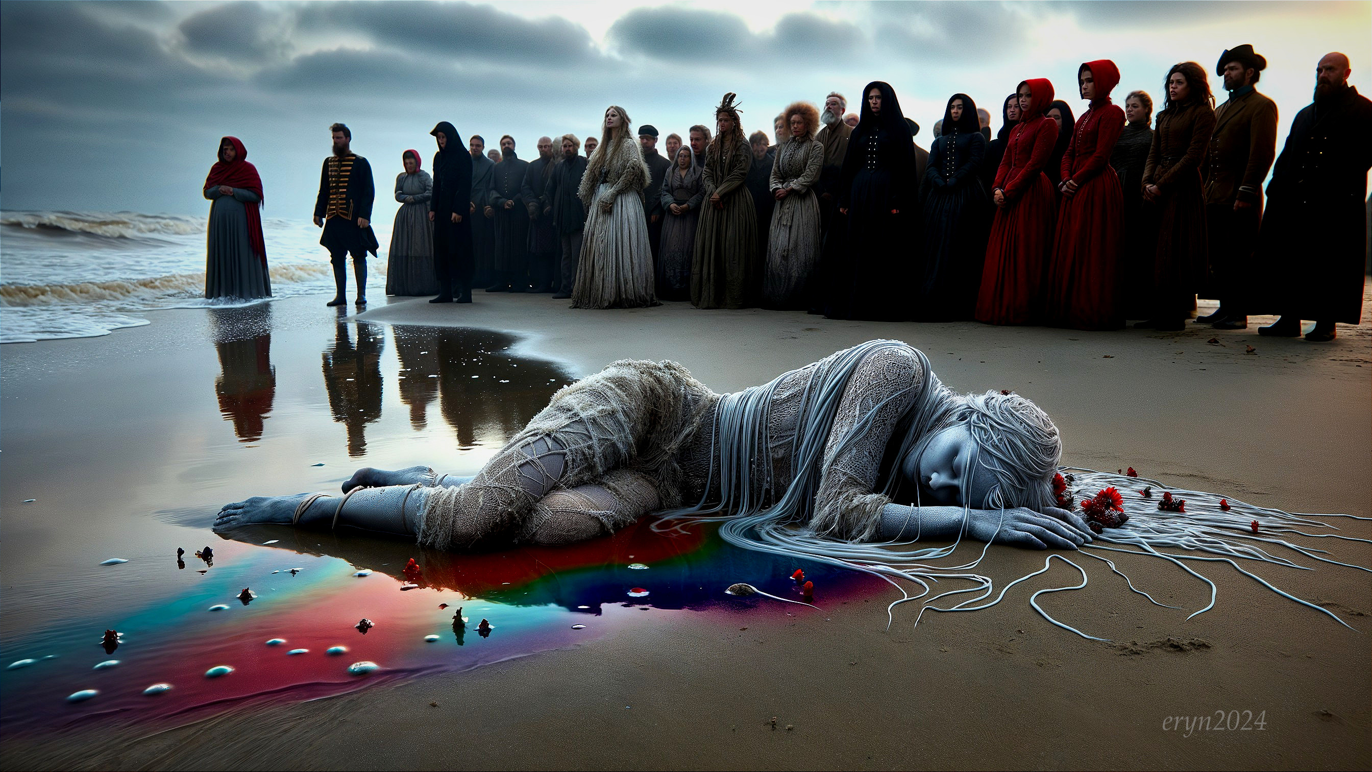 Twilight Beach Scene with Ghostly Figure and Colors