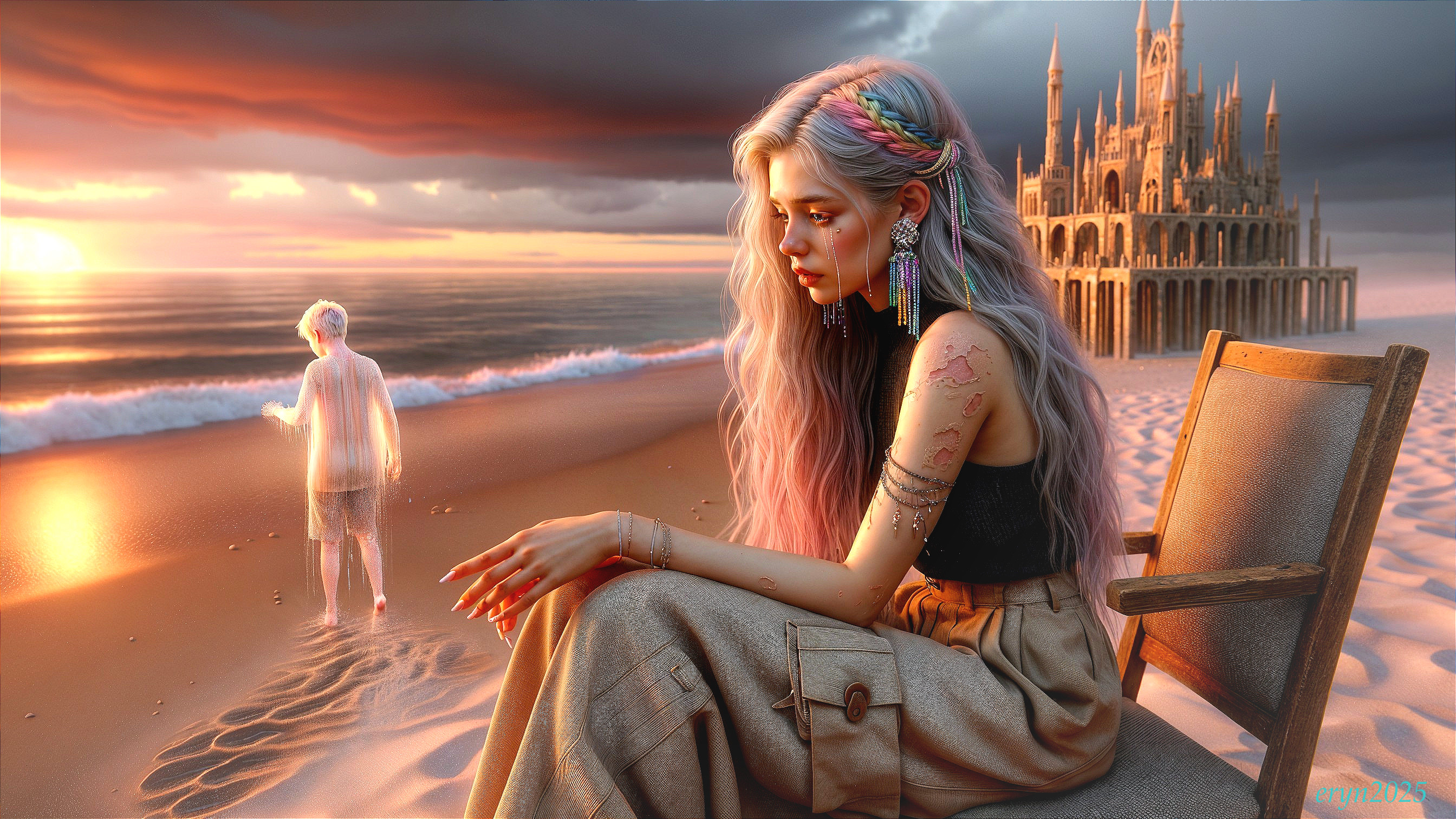 Sunset Beach Scene with Woman and Ethereal Figure