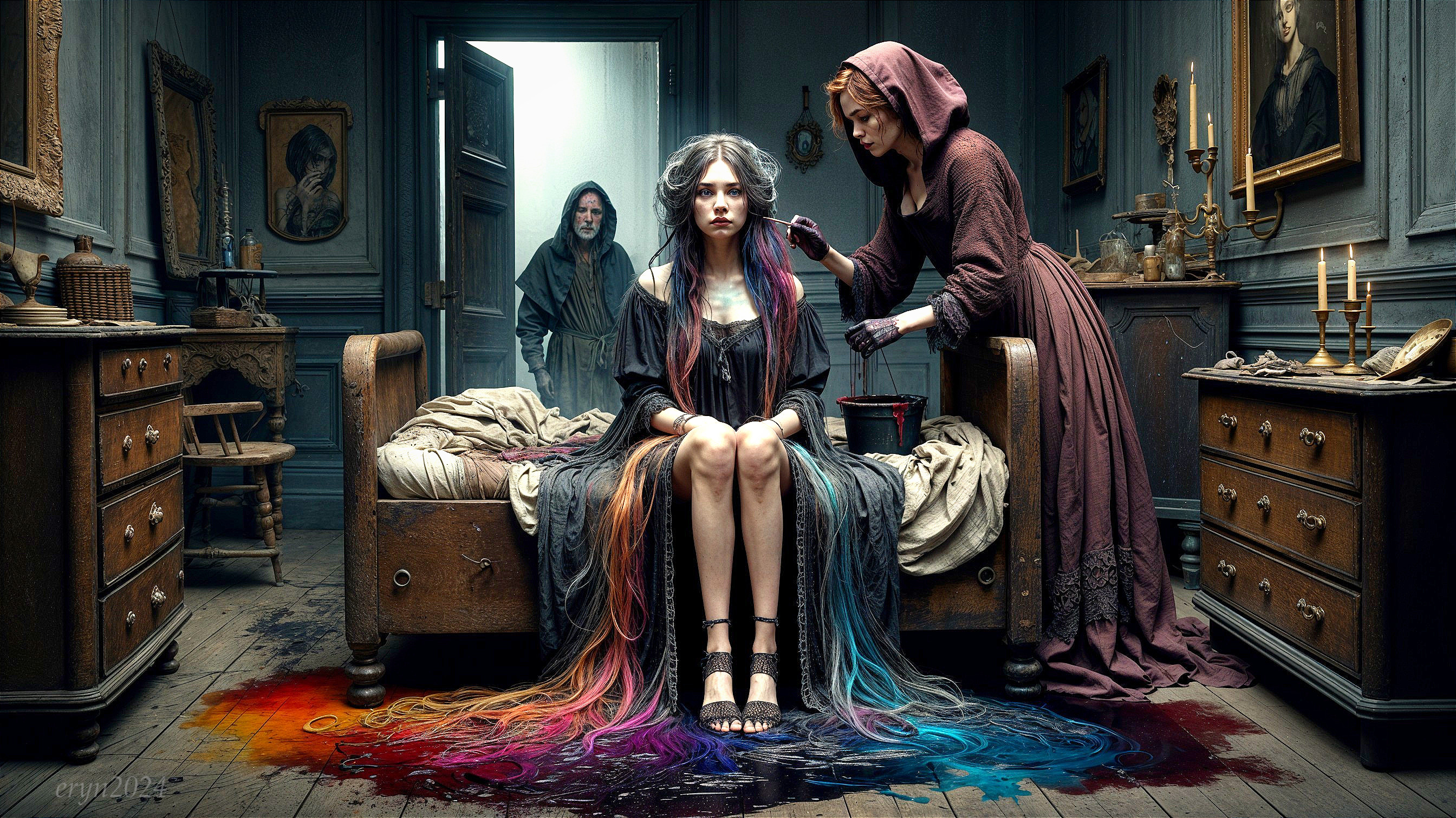 Vintage Bedroom with Colorful Hair Styling Scene