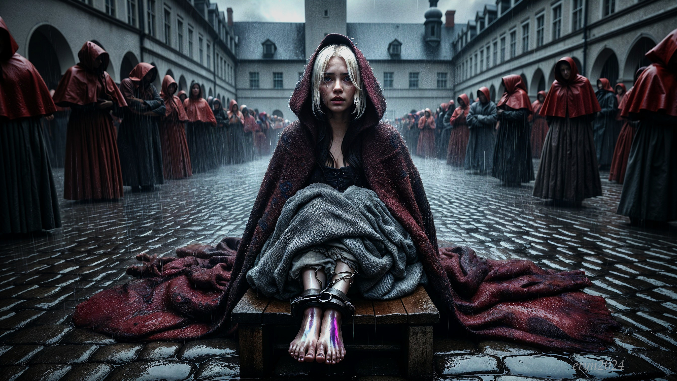 Young Woman in Shackles Surrounded by Cloaked Crowd