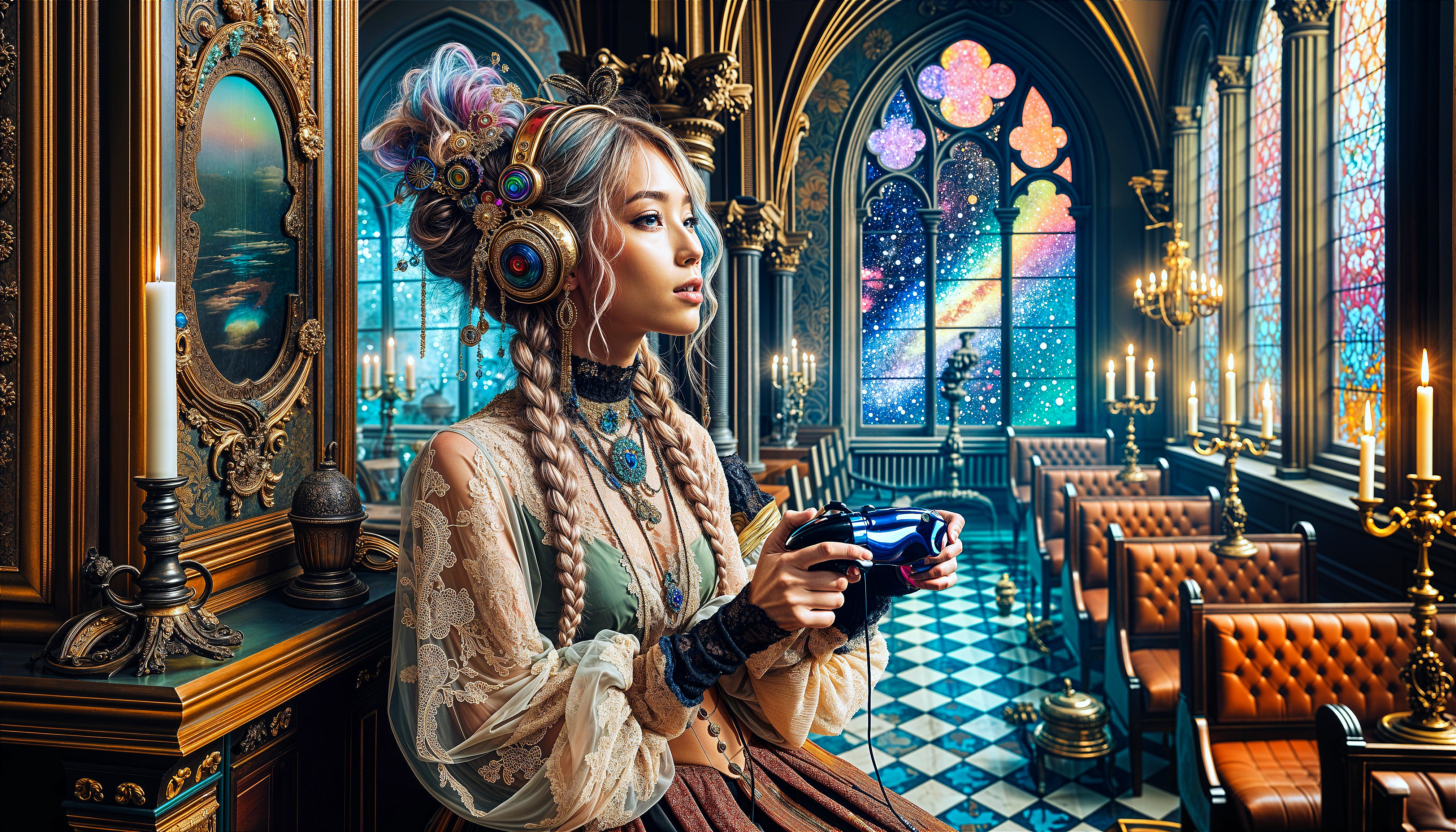 Young woman in ornate room with gaming controller