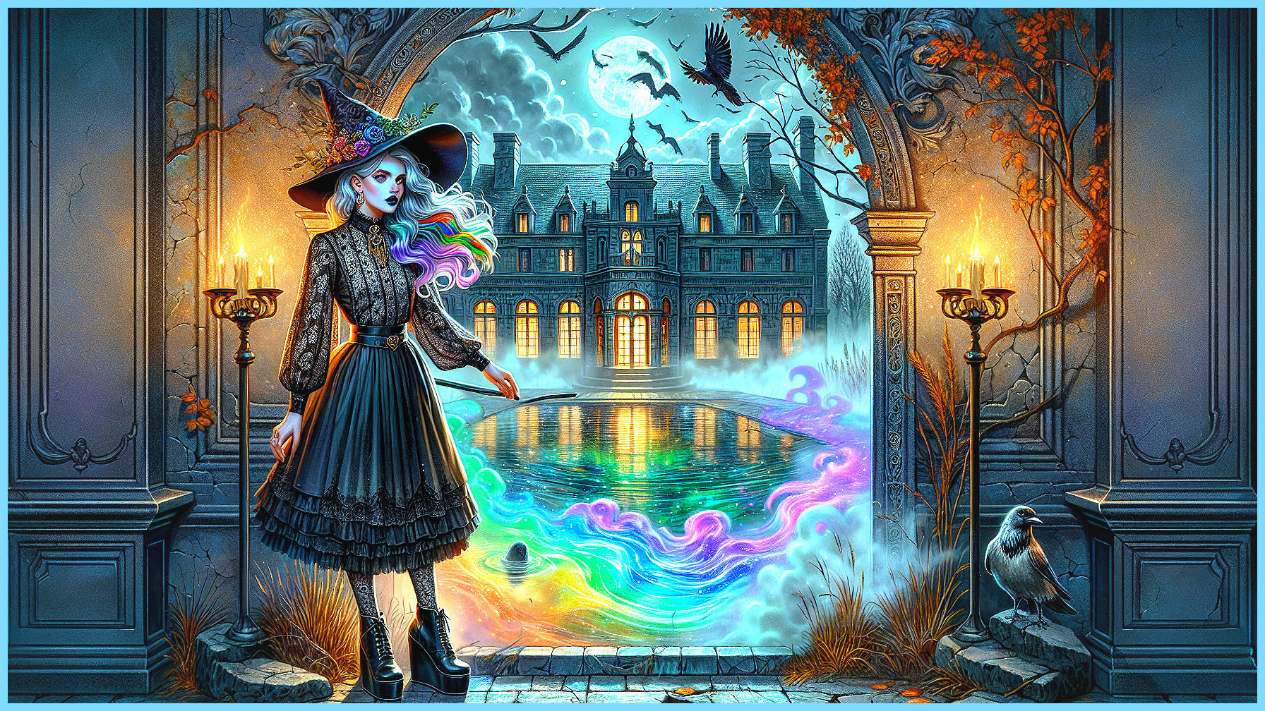 Mystical Witch by Ivy-Covered Archway at Night