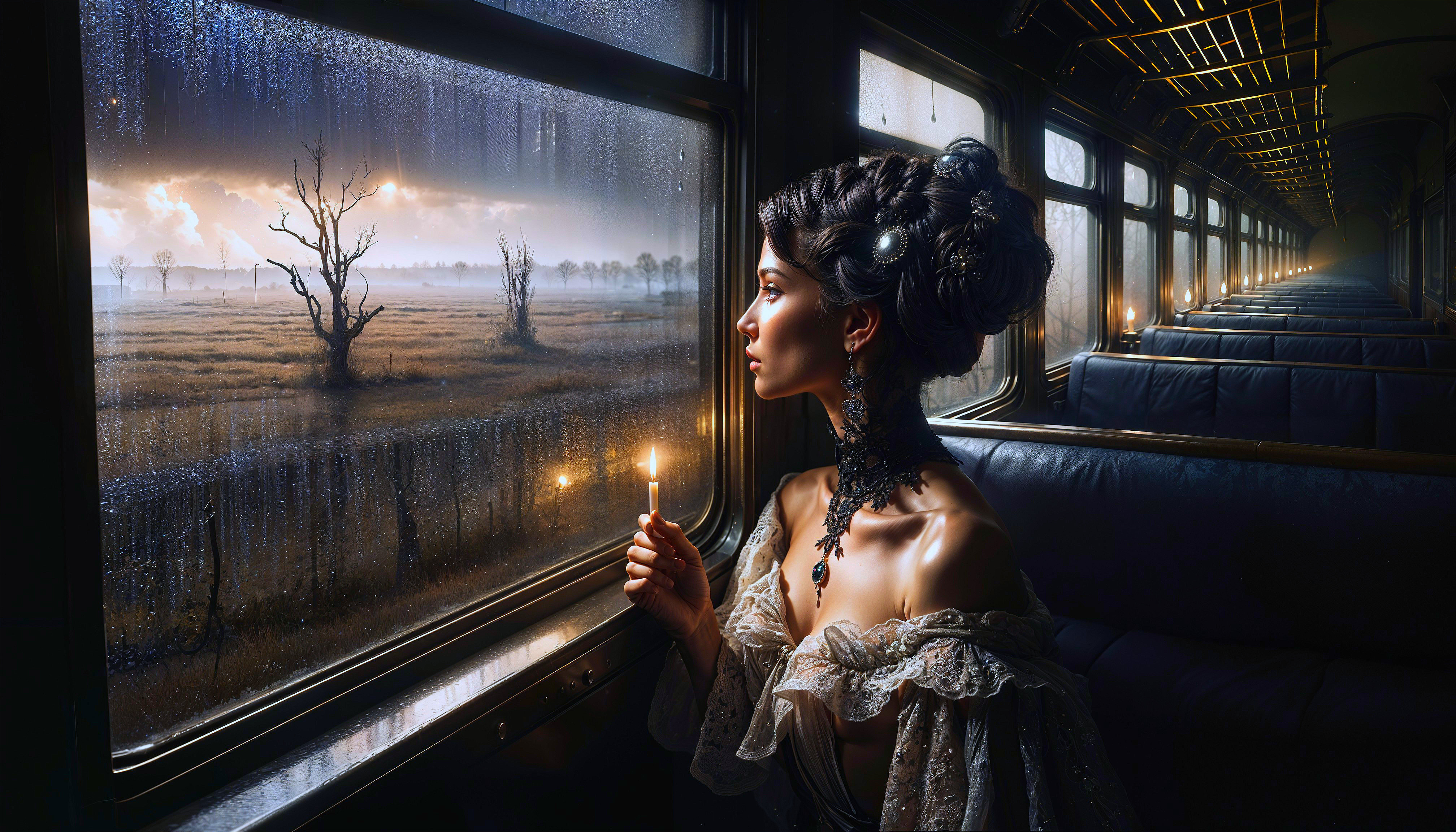 Woman in Vintage Train Car with Candle and Rainy View