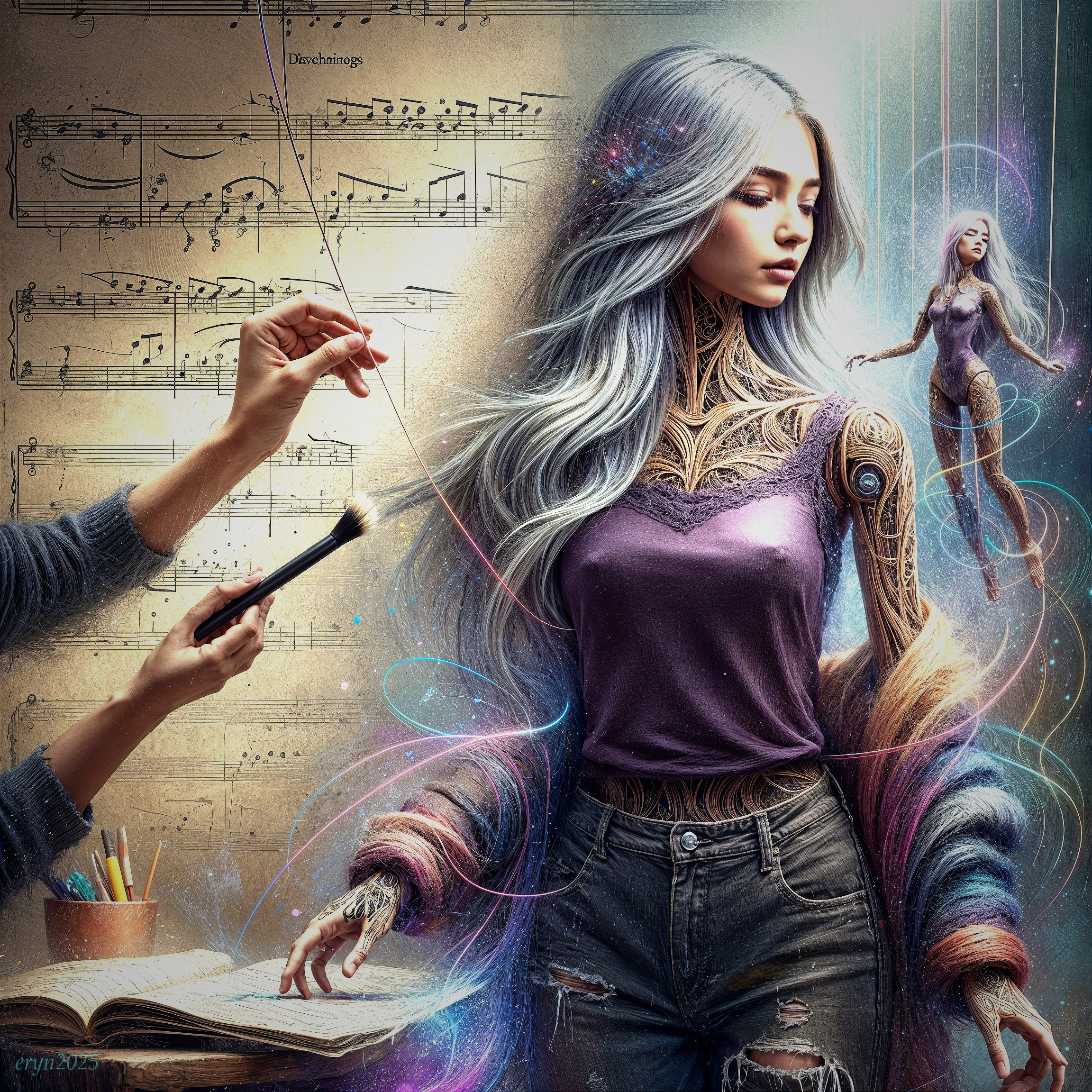 Mysterious Woman with Silver Hair and Glowing Patterns