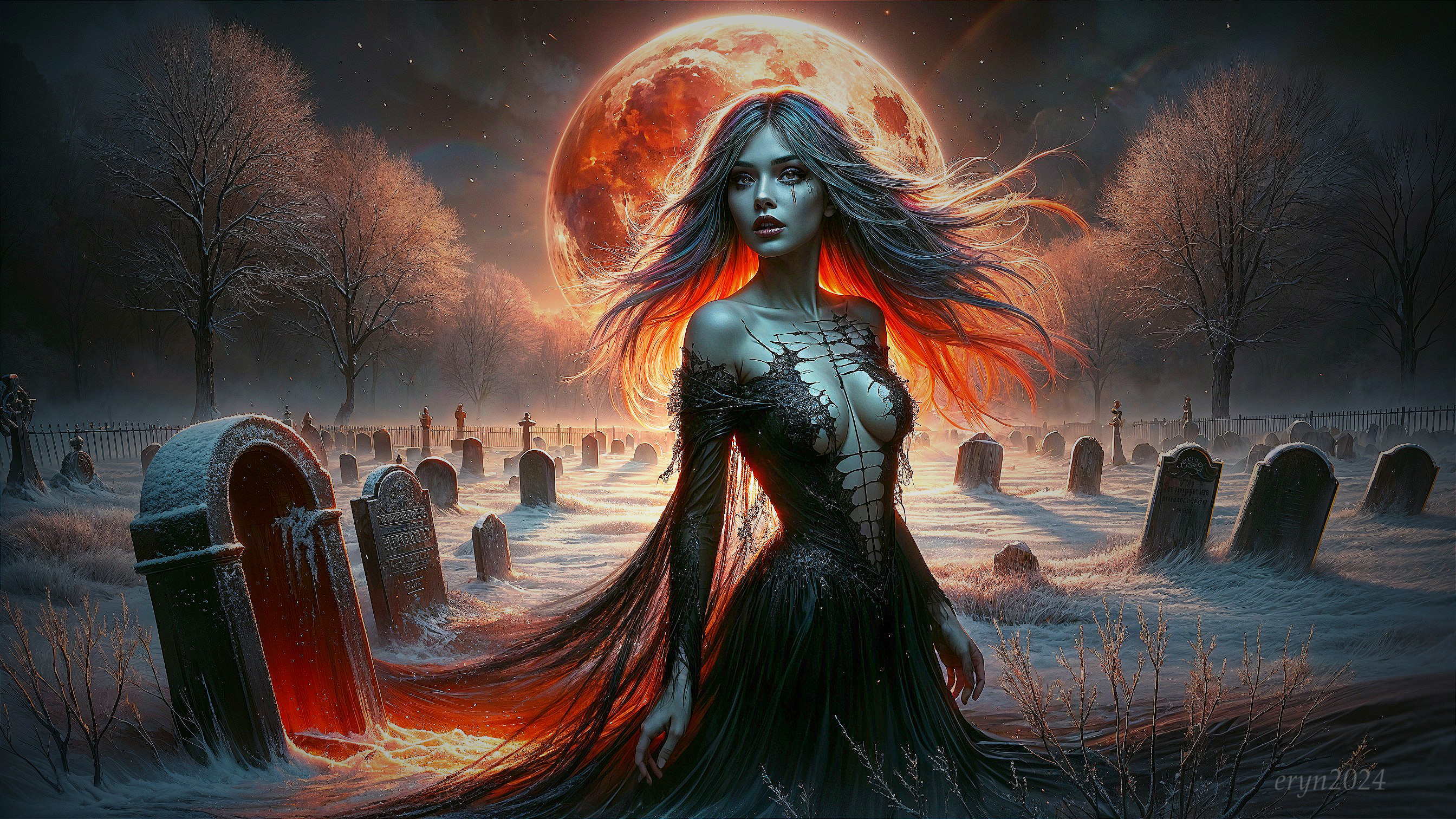 Graveyard Scene Under Blood-Red Moon and Mist