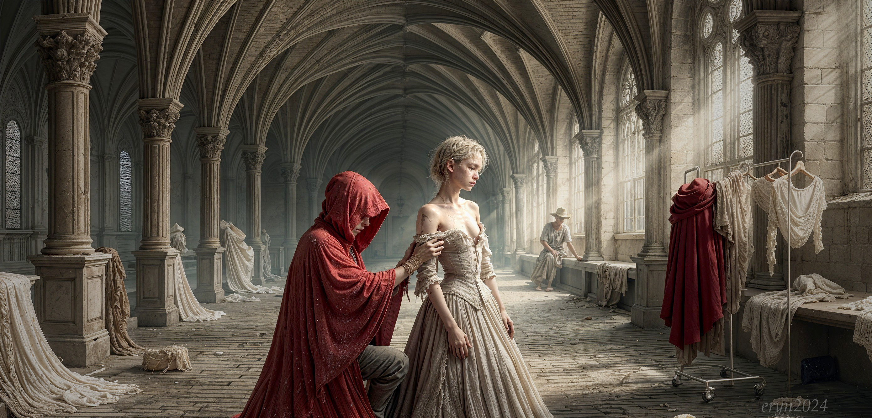 Gothic Hall with Cloaked Figure and Elegant Woman
