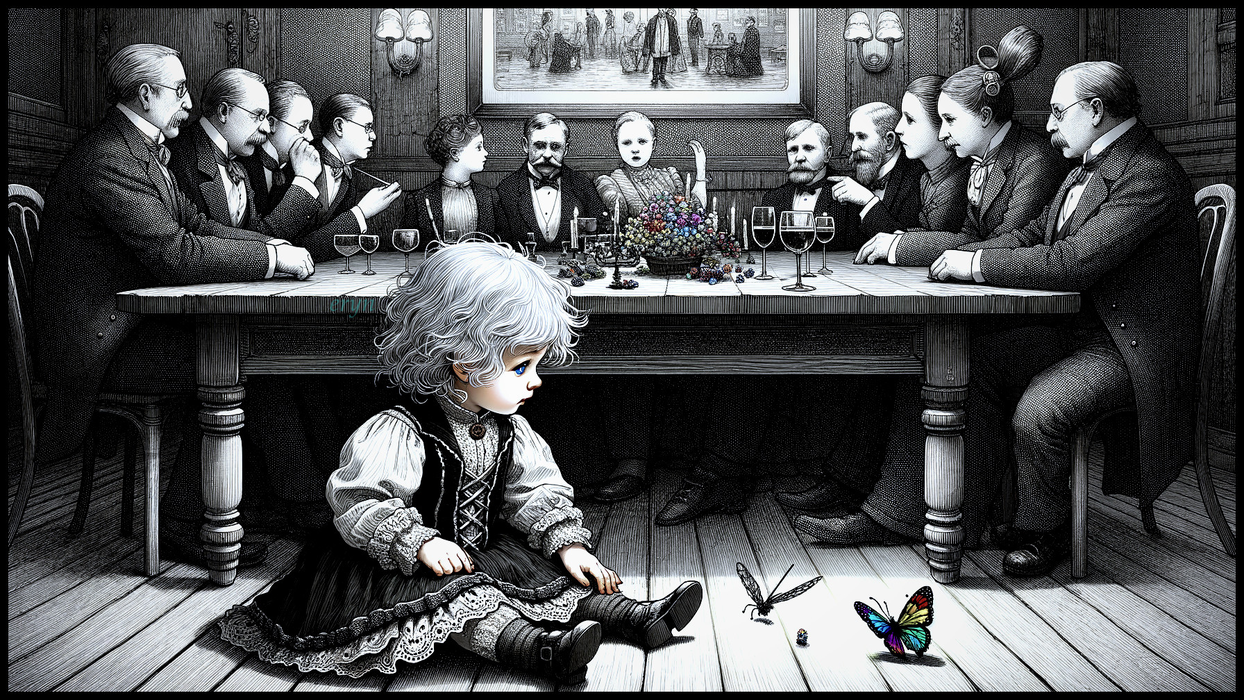 Child Playing with Insects Amidst Adults in a Room
