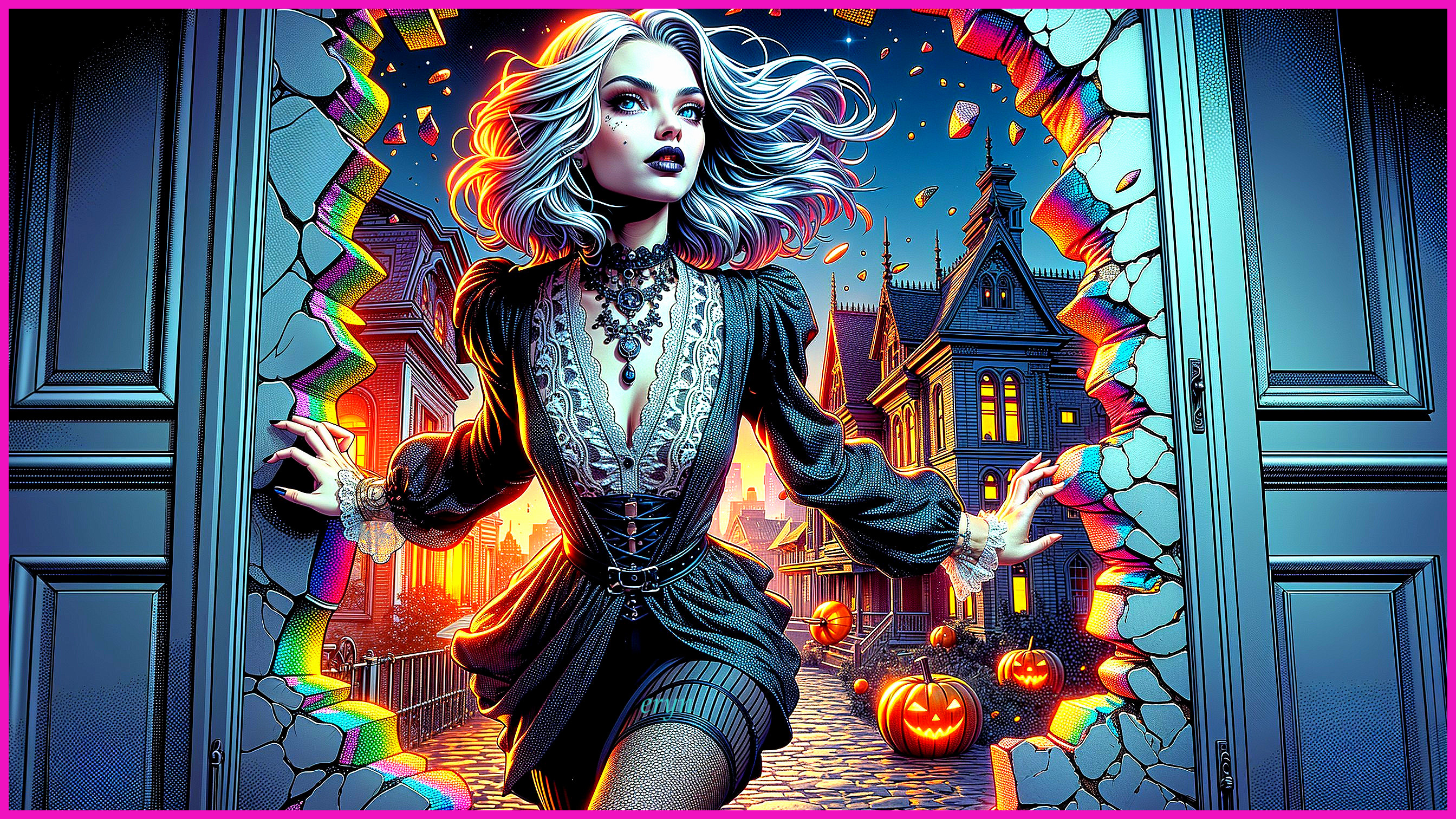 Mysterious Figure in Elegant Dark Outfit at Halloween Scene