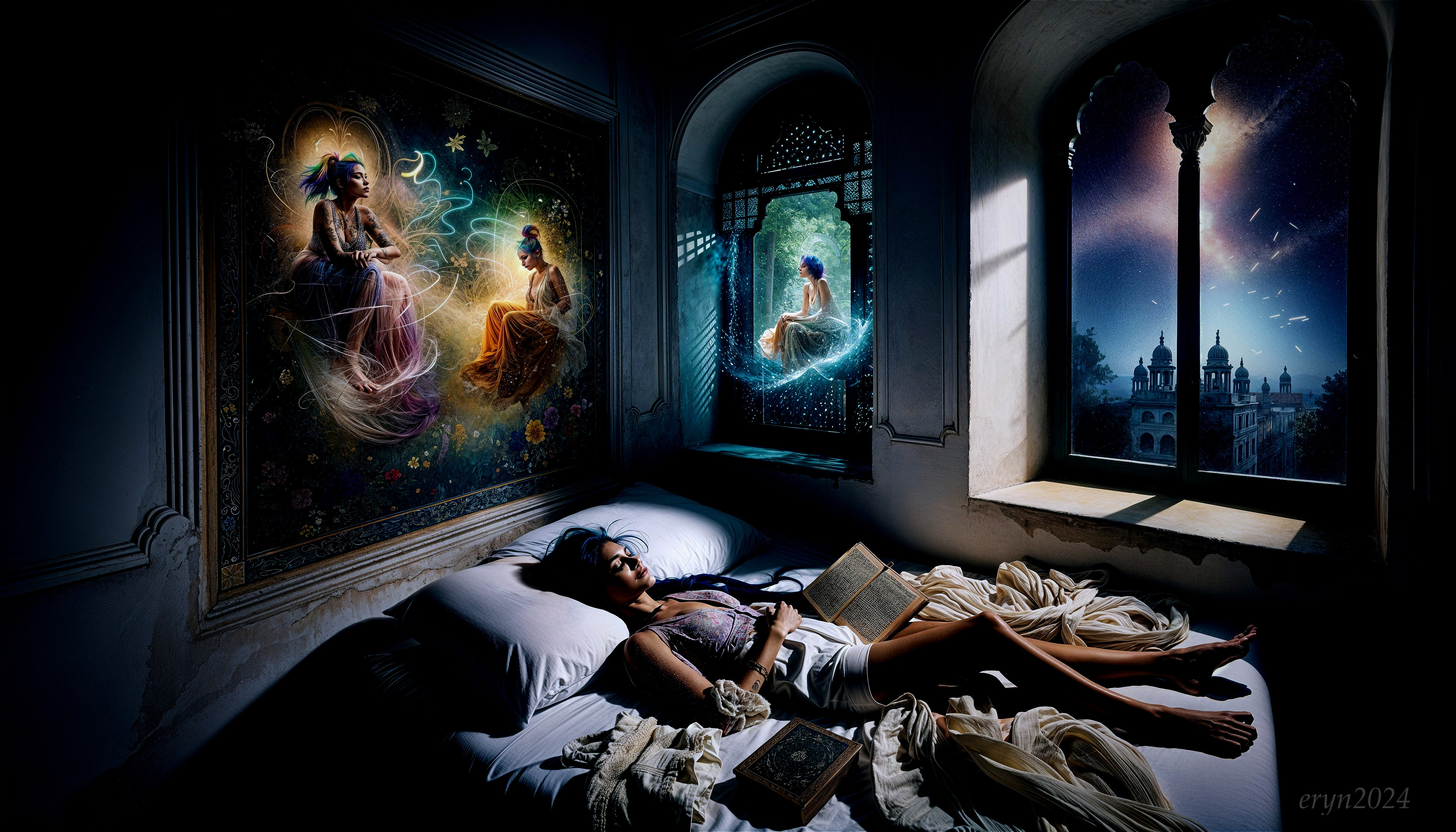 Serene Bedroom with Ethereal Artwork and Soft Fabrics