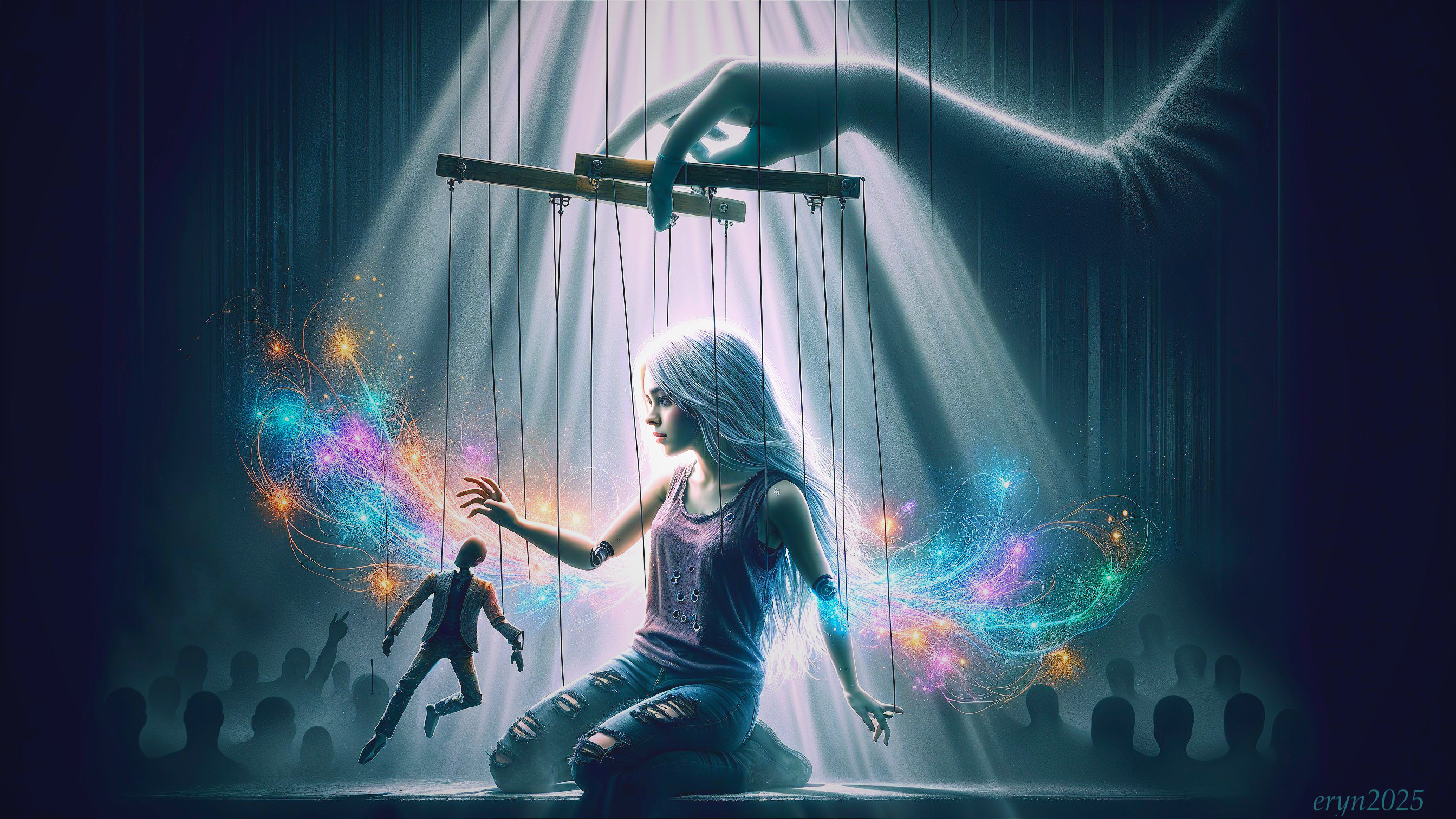 Serene girl with white hair controlling a marionette