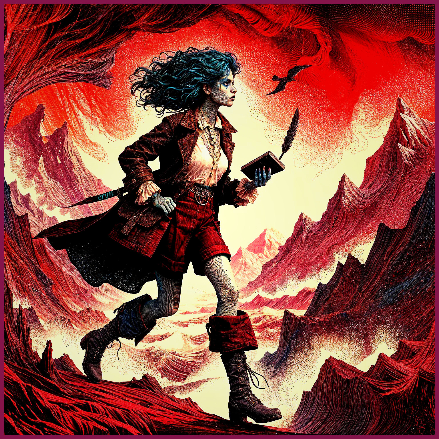Young Girl with Blue Hair in Surreal Red Landscape