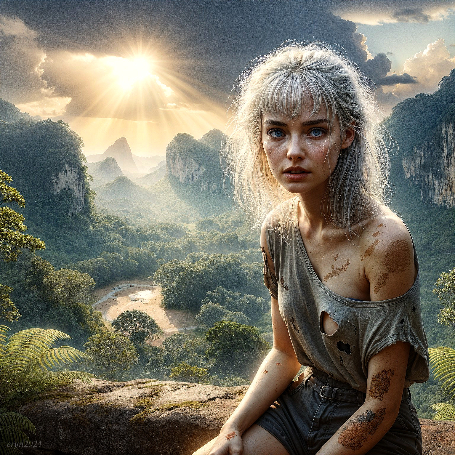 Young Woman on Rocky Ledge Overlooking Mountain Valley