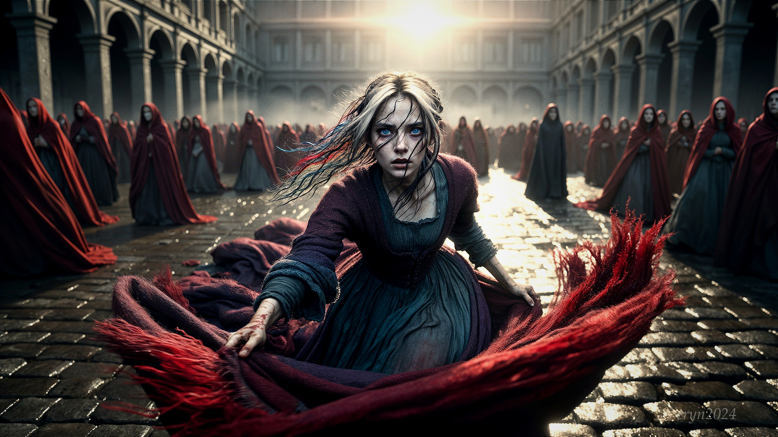 Woman in Tattered Dress Surrounded by Shadowy Figures